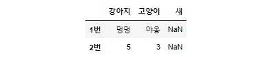 키와 열이름이 일치하지 않을 때 값이 NaN으로 처리되는 DataFrame