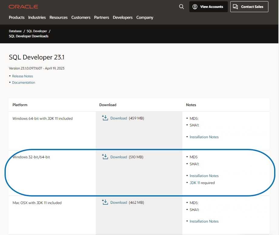 오라클 SQL Developer Downloads 플랫폼 목록