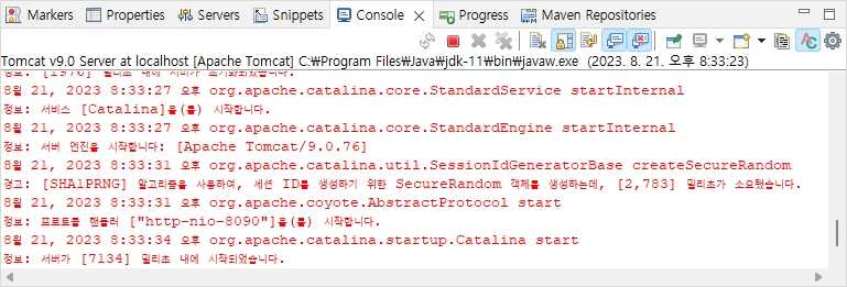 콘솔에 출력된 톰캣 서버 로그