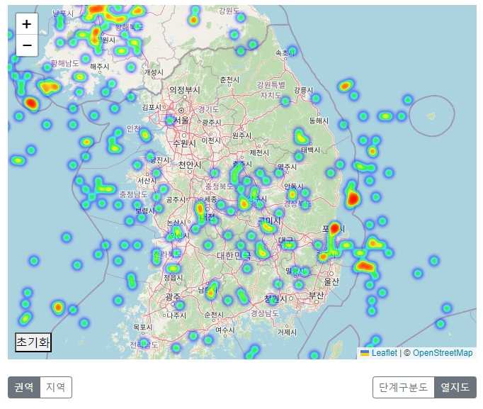 대한민국 지역별 지진 발생 열지도