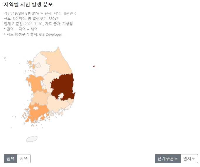 대한민국 지역별 지진 발생 단계구분도