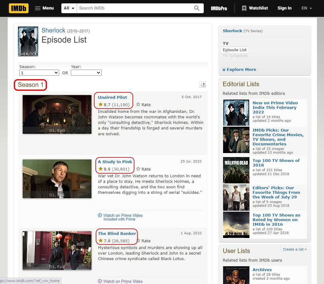 IMDB 셜록(Sherlock) 시리즈 정보